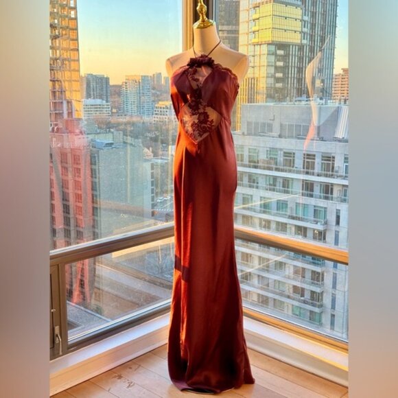 🆕 SELF PORTRAIT 🧿 NWOT Brown Satin Maxi Dress, Sz UK 10 / US 6 - Picture 3 of 16
